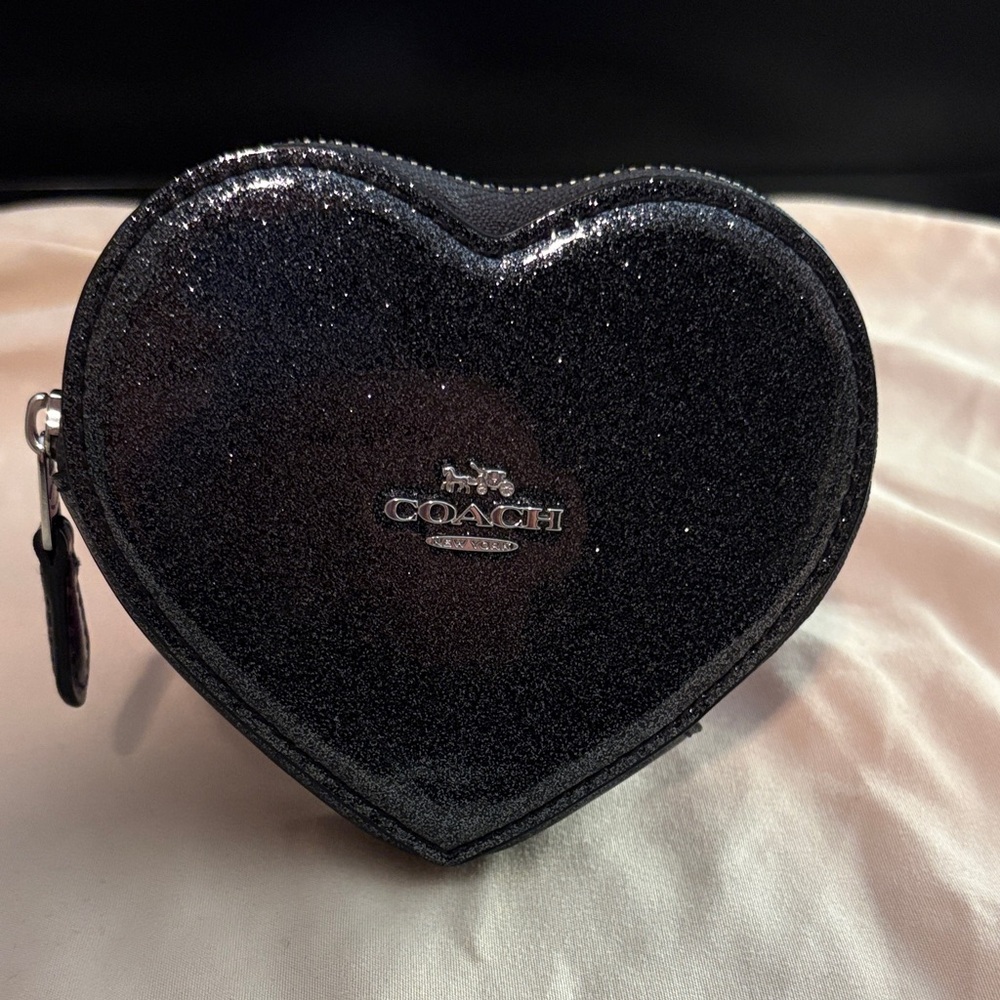 Coach Gunmetal Glitter Patent Leather Heart Coin Case